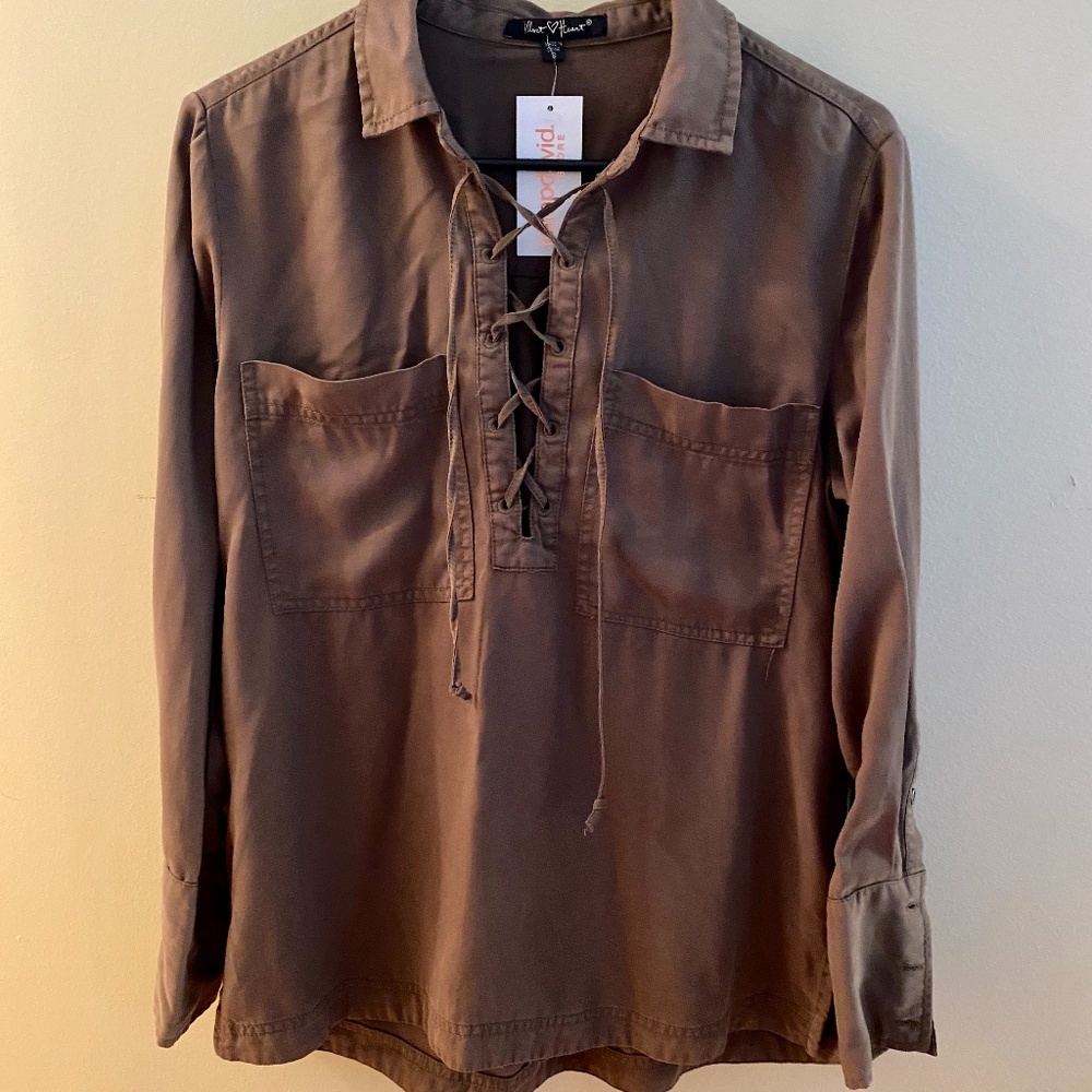 Olive Green Lace Up Flare Sleeve Top